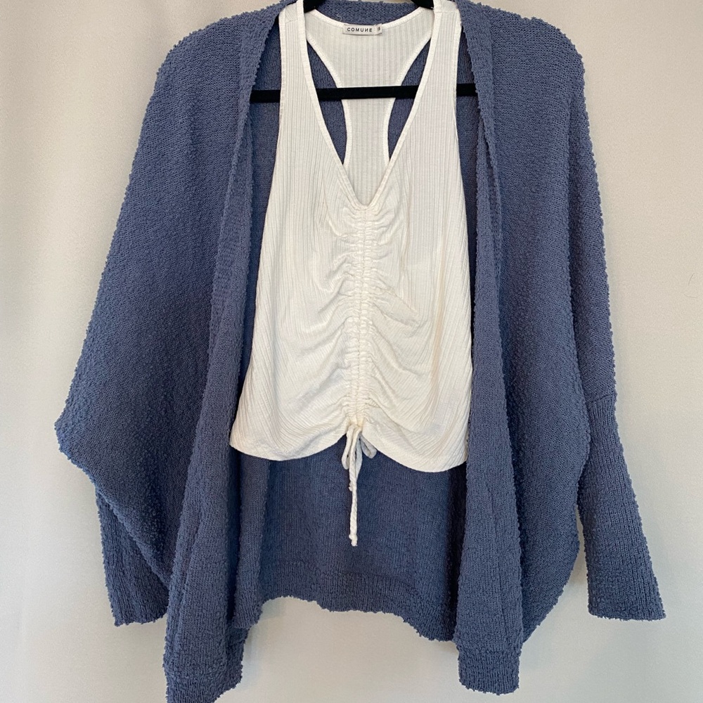 White ribbed tank worn with indigo blue cardigan.